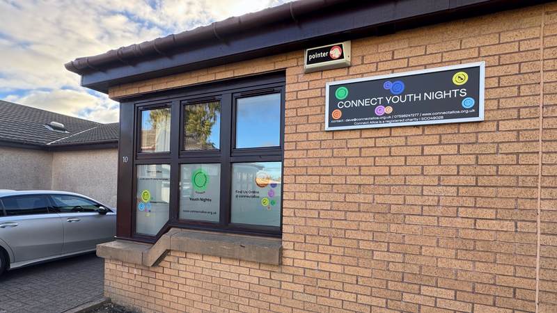 External building and window custom signage for Connect Youth Nights in Alloa